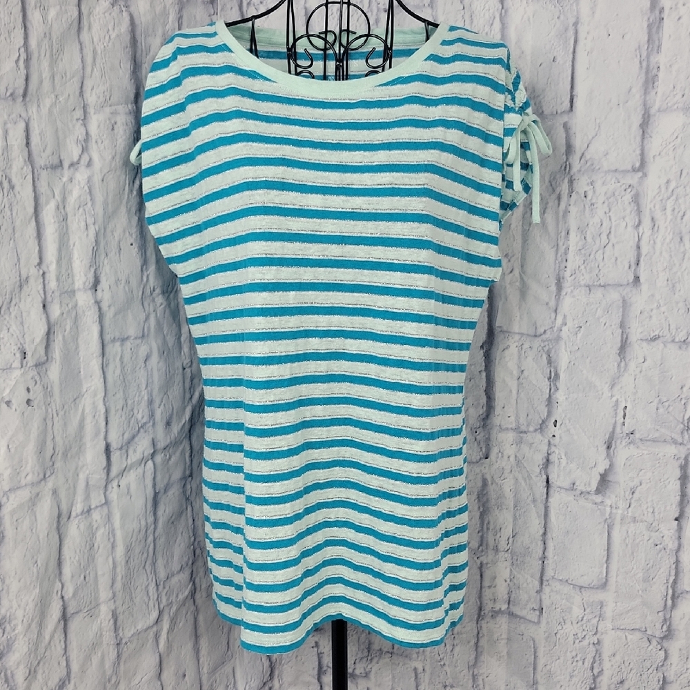 Talbots Blue and White Part Linen Striped Blouse‎ Medium